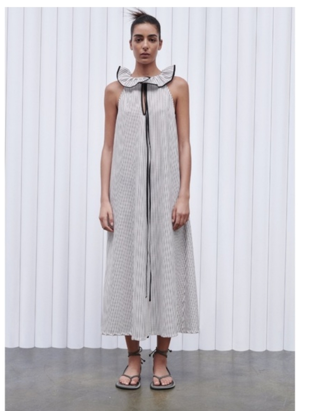NWT Zara Striped Midi Dress with Ruffled Collar - Black & White
